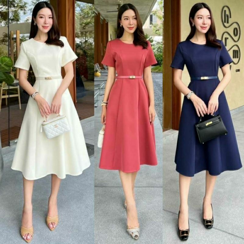 ( S-XL) Showroom 📣พร้อมส่งเดรสคอกลมแขนสั้น+เข็มขัดทรงสวยเข้ารูปเนื้อผ้าอย่างดีมีซ้บใน