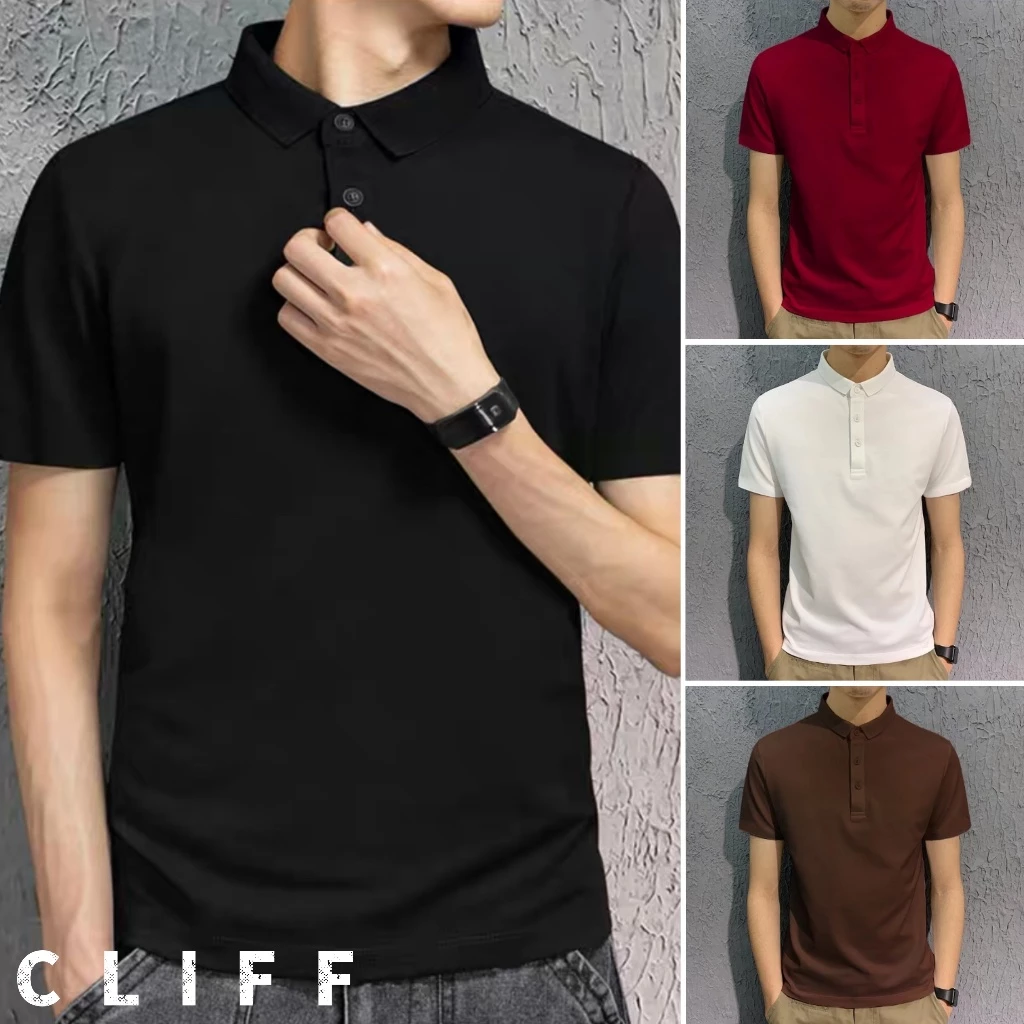 CLIFF ชายเสื้อคอปกแขนสั้นฤดูร้อน POLO เรียบง่ายสีทึบ 4 สี