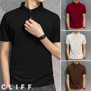 CLIFF ชายเสื้อคอปกแขนสั้นฤดูร้อน POLO เรียบง่ายสีทึบ 4 สี