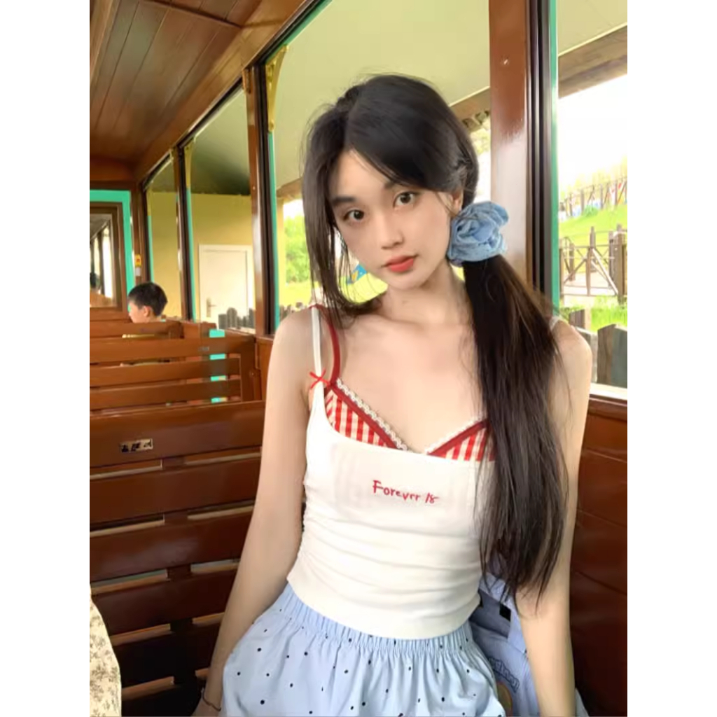 เสื้อกล้ามเซ็กซี่สไตล์เรโทรอเมริกัน ชุดสายเอี๊ยม 2 ชิ้นพร้อมแผ่นปิดเต้านมใส่เสื้อยืดเที่ยวทะเล A100