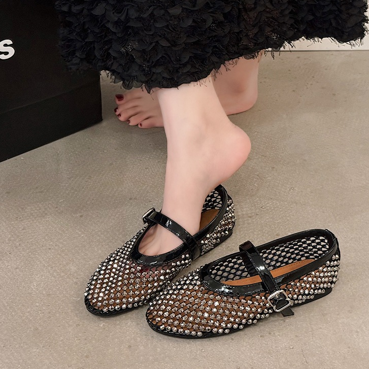 รองเท้าบัลเล่ต์ตาข่ายสำหรับผู้หญิงรองเท้าบัลเล่ต์หรูหรา-หัวเข็มขัดโลหะสีเงินสวมใส่สบายจับคู่กับรองเท้าบัลเล่ต์หัวกลมเพชร