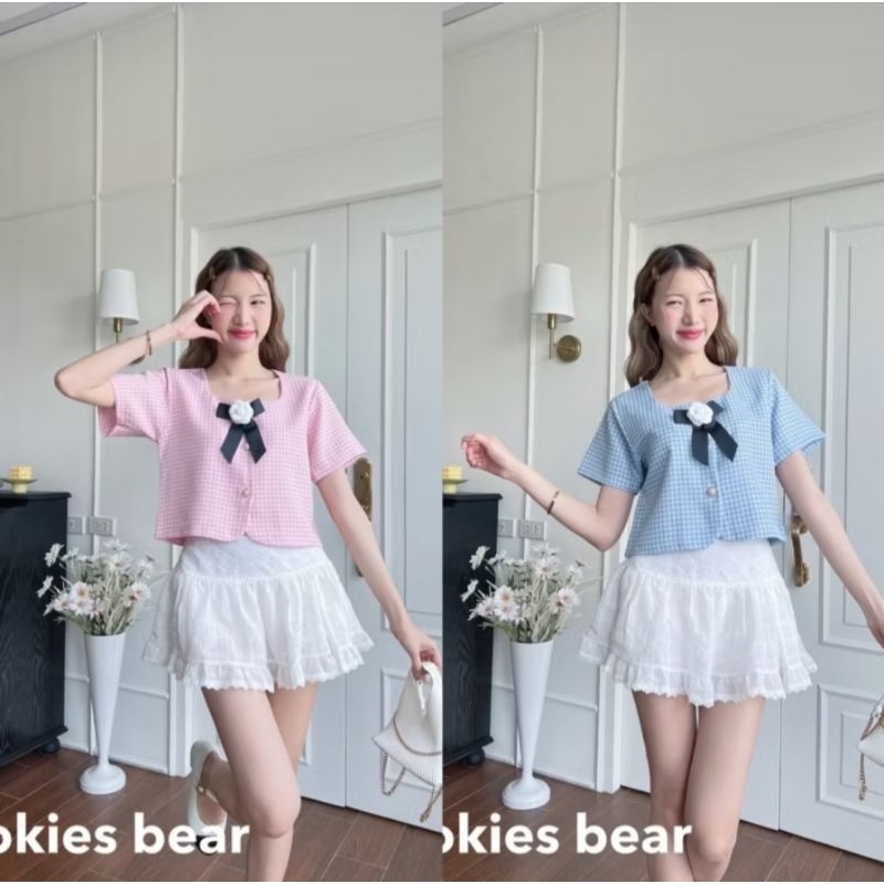 Cookies Bear เสื้อครอปคอเหลี่ยมผ้าทวิตแขนสั้น