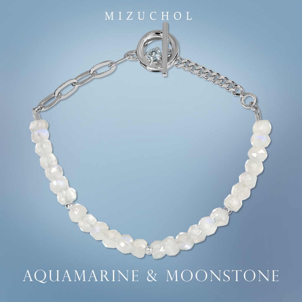 Mizuchol กำไลหิน Moonstone ประดับพลอย Aquamarine แท้ Ocean