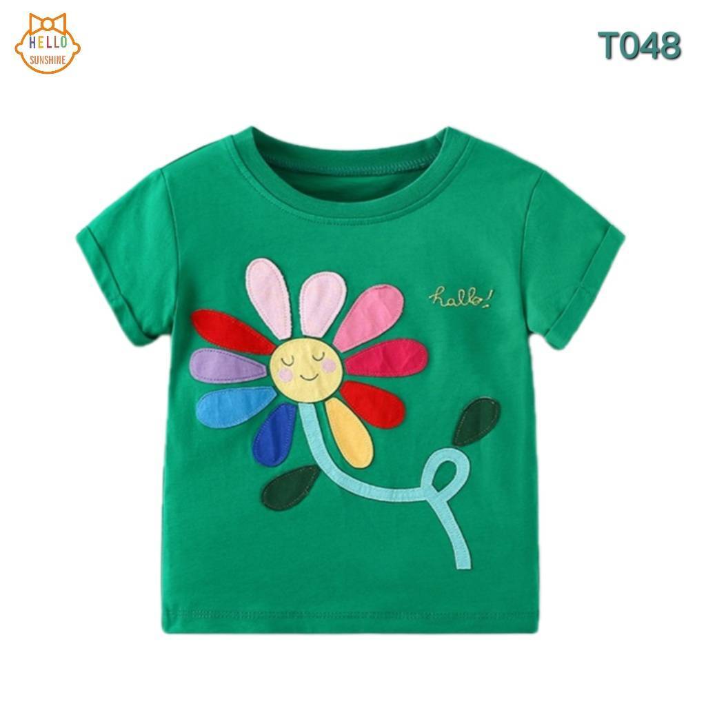 พร้อมส่งจากไทย เสื้อยืดเด็ก ผ้าคอตตอน100% เสื้อยืดสีเขียว ปักลายดอกมุราคามิ