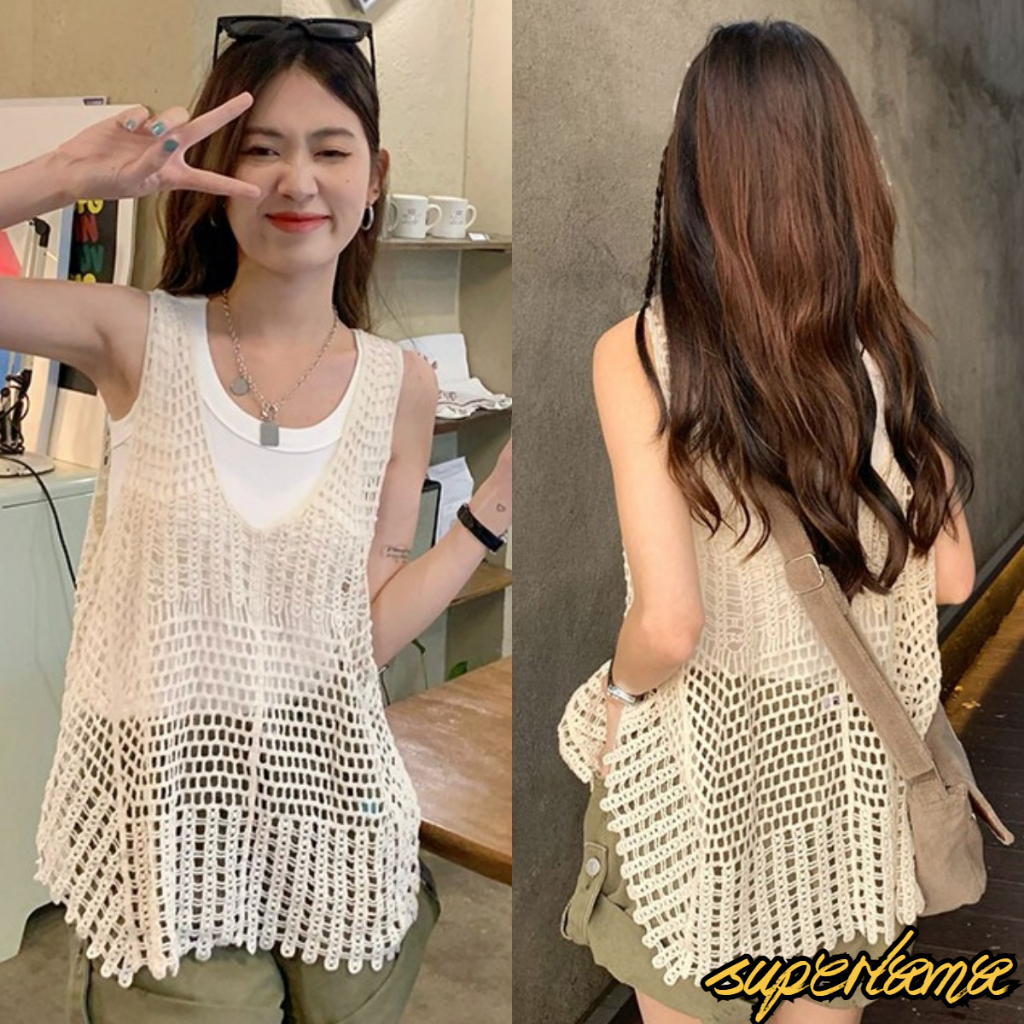 เสื้อกล้ามไหมพรมถัก เสื้อแขนกุด ทรงหลวม ตาข่ายลายฉลุแบบแซ๋บๆ ฉลุลาย #1902137
