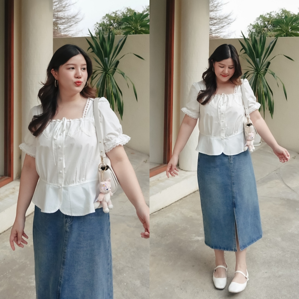 ( อกถึง 48”) Lacey White เสื้อสาวอวบ เสื้อขาว