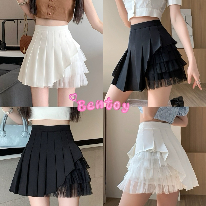 bentoy(K601)กระโปรงสั้น ทรงพลีส เอวสูง แต่งซีทรูข้างๆ ซิปข้าง สายเกาหลีY2K