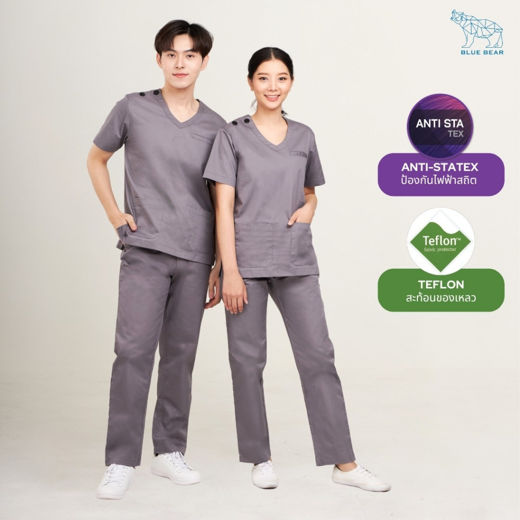 ชุดสครับ Unisex (เสื้อ+กางเกง) Scrub ผ่าตัด BLUE BEAR ANTI – STA TEX & TEFLON รุ่น 3 สี (เนื้อผ้า Herringbone)