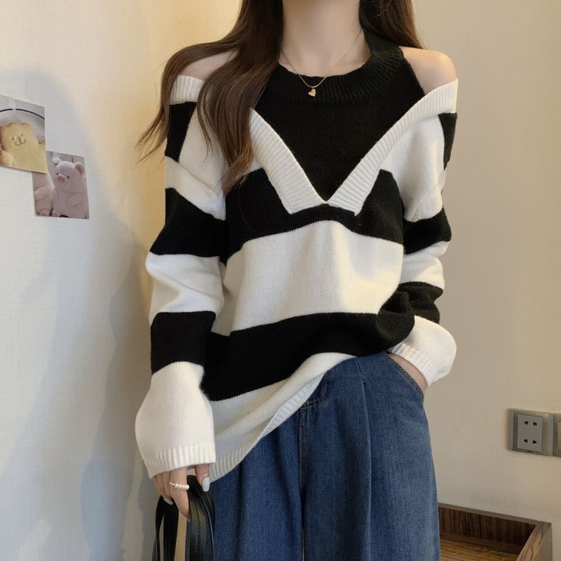 พร้อมส่งในไทย** เสื้อไหมพรมถักลายริ้ว ทรงหลวม แขนยาว Y114