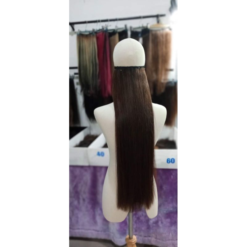 แฮร์พีชผมแท้ สีน้ำตาล ความยาว70เซน ใช้ผม1มัดตัดเย็บ ขอบบางเบางานเย็บทั้งหมดไม่มีติดกาว