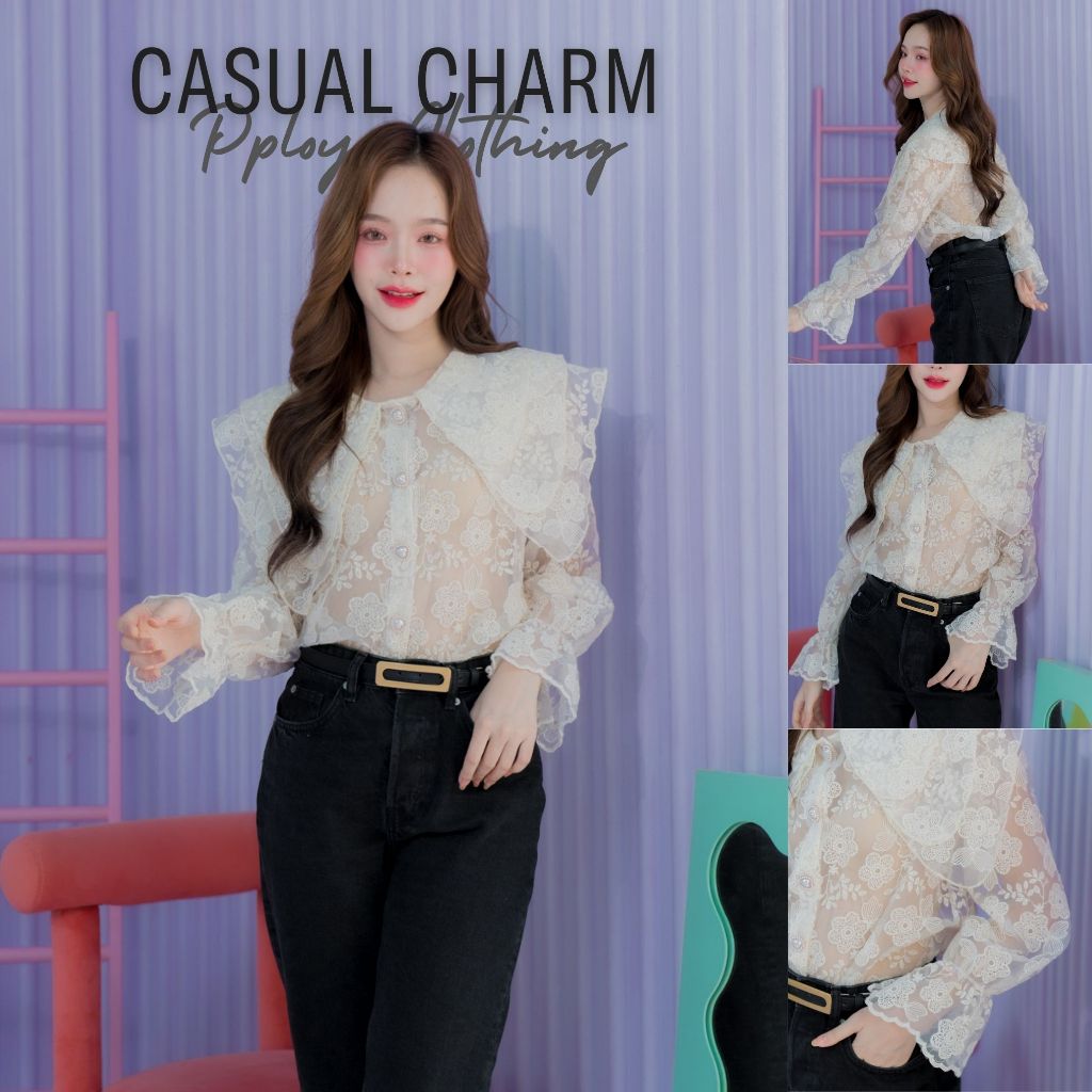 Pploy Clothing : Casual Charm เสื้อแขนยาว ผ้าชีฟอง ปักลายดอกไม้ ผ้าใส่สบาย