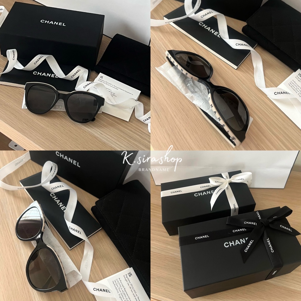 [ส่งฟรี] New Chanel 5414 Black Beige Sunglasses