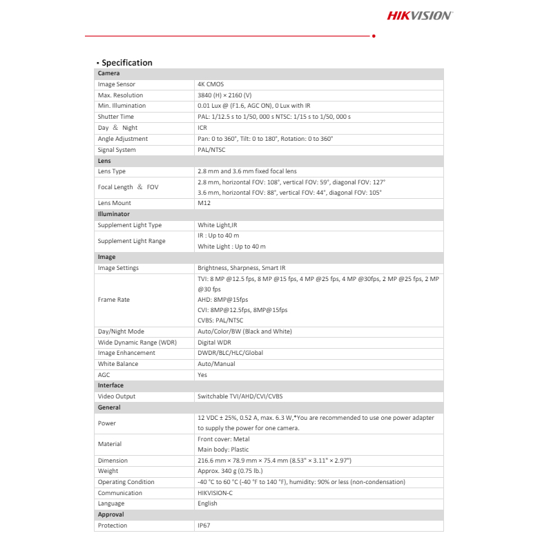 HIKVISION ชุดกล้องวงจรปิด 8MP รุ่น DS-2CE16U1T-ITF , DS-2CE16U0T-LF 2.8,3.6mm (1ตัว)