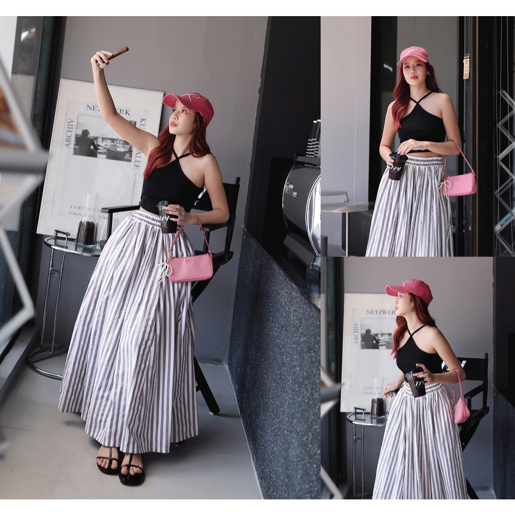 NUMBERSEVEN - T0122963 เสื้อครอปสายเดี่ยวไขว้ - มี 2 สี ดำ ,ชมพู