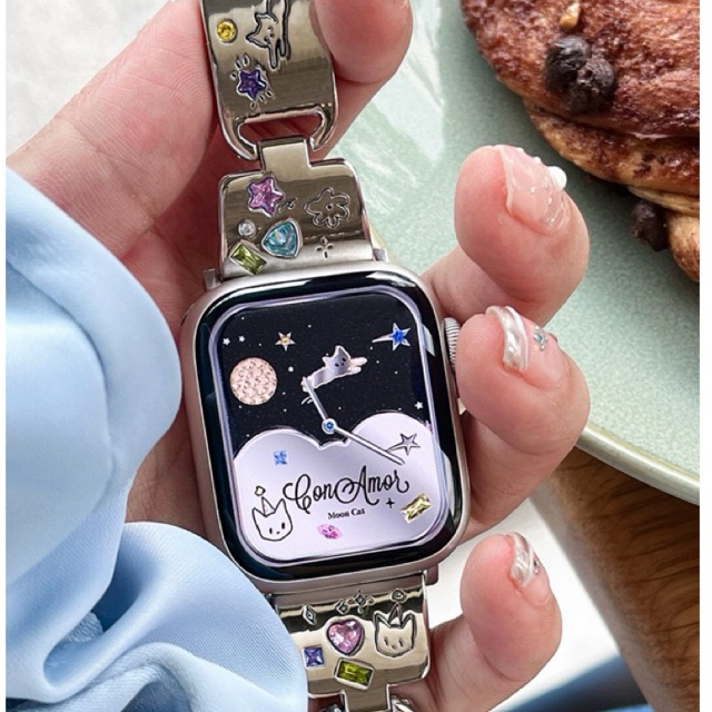 (พรี) Crystal metal watch strap from Conamor สายนาฬิกาเหล็กฝังเพชรพิมพ์ลายแมว