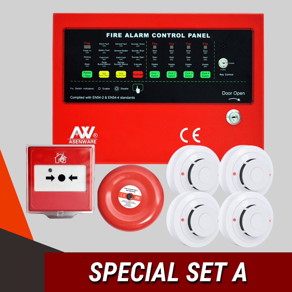 [รับประกัน 1 ปี] Asenware FCP 2 zone,  Alarm bell 6" 1 ตัว, Smoke detector 4 ตัว, Manual call point 1 ตัว (A)