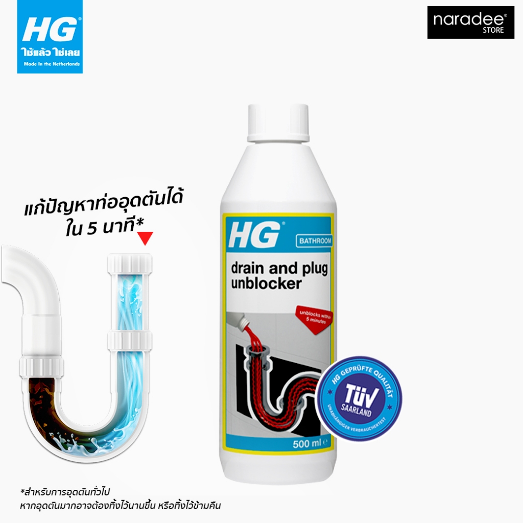 HG ผลิตภัณฑ์ขจัดท่ออุดตัน (ลิควิด เดรน อันบล็อคเกอร์) ขนาด 500 มล. - แก้ปัญหาท่อระบายในห้องนํ้าอุดตัน