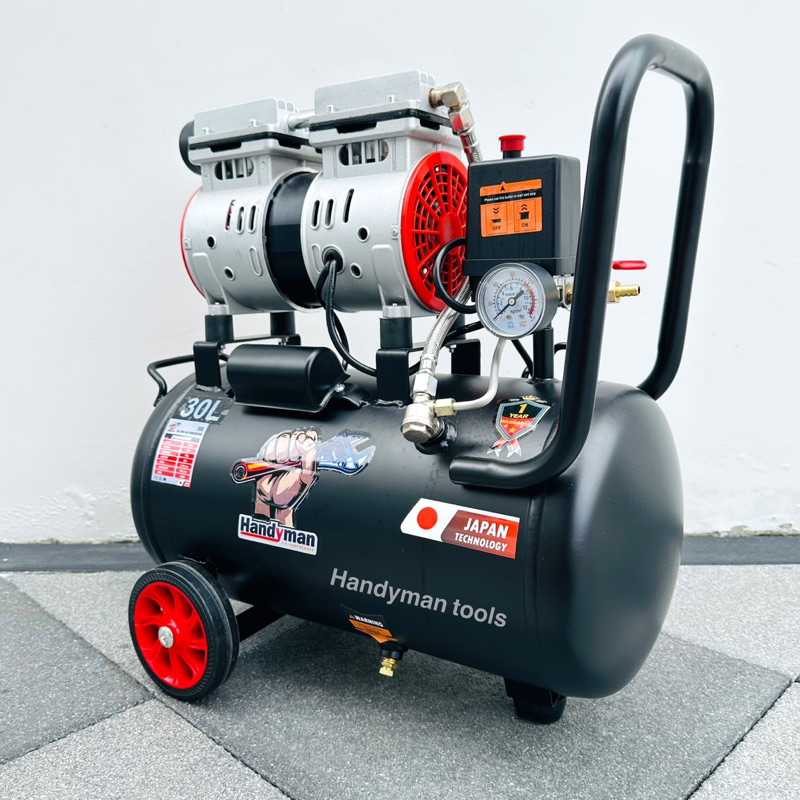 Handyman ถังลม ปั๊มลม ปั๊มลมโรตารี่ ปั๊มลมออยฟรี 30 ลิตร กำลัง 1,200W มอเตอร์ทองแดง 100% เสียงเงียบ ไม่ต้องใช้น้ำมัน