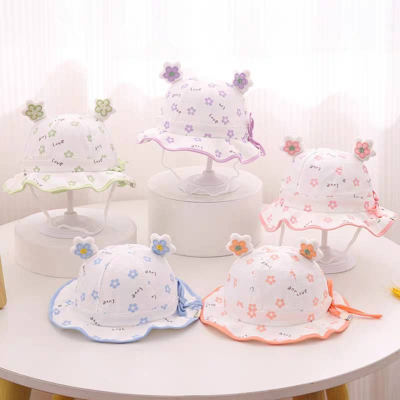 [พร้อมส่ง] หมวกเด็ก 2เดือน-12เดือน รอบหัว:44-46 cm. หมวกปีกรอบเด็กผู้หญิง พิมพ์ลายดอกไม้ ด้านข้างผูกโบว์ หมวกเด็กแรกเกิด