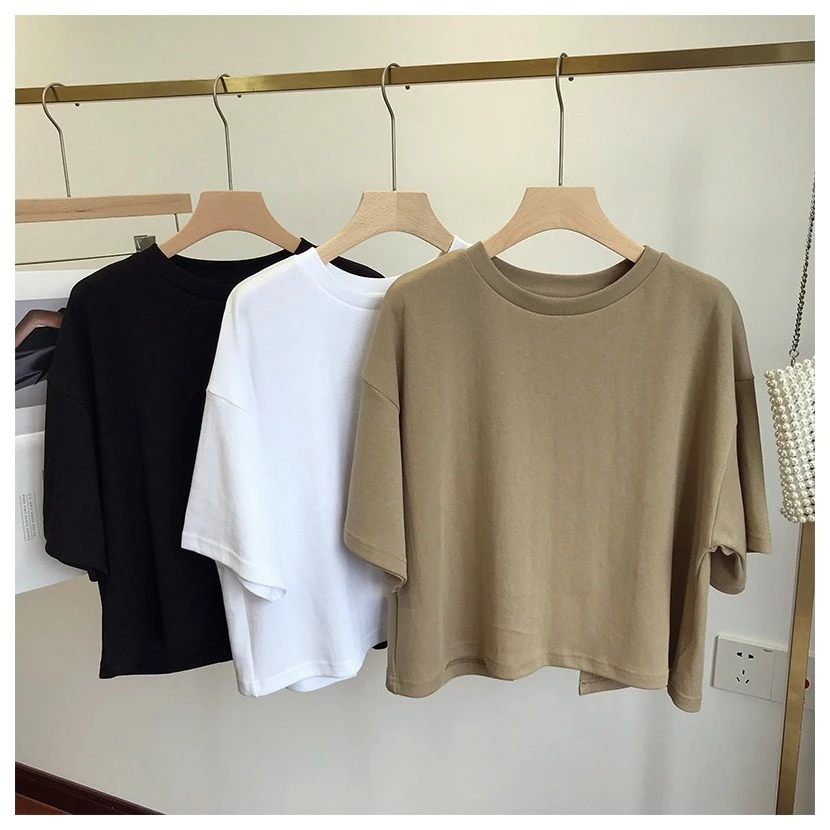 พร้อมส่งในไทย**เสื้อครอป เสื้อคอกลมผู้หญิงแขนสั้น ผ้านิ่ม เปิดหลัง Y110