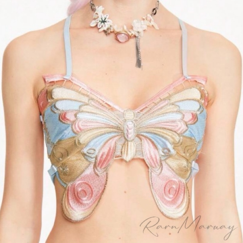 (พรีออเดอร์) เสื้อคล้องคอ ปักผีเสื้อ สายไขว้หลัง R0223