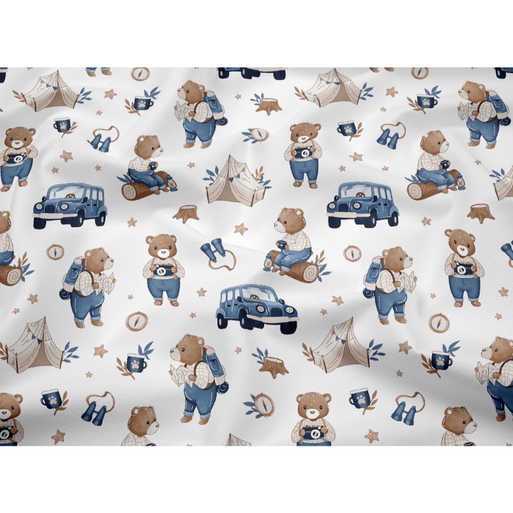 ผ้าาคอตตอน 100% คอตตอนทอทวิล ผ้าหน้ากว้าง 1.6 เมตร ลาย Blue bear travel  ลาย Brown bear travel