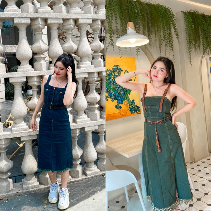ชุดเอี๊ยมสายเดี่ยวกระโปรงยีนส์ตัวยาว แต่งลุ้ยๆ ทรงเกาหลีๆๆ