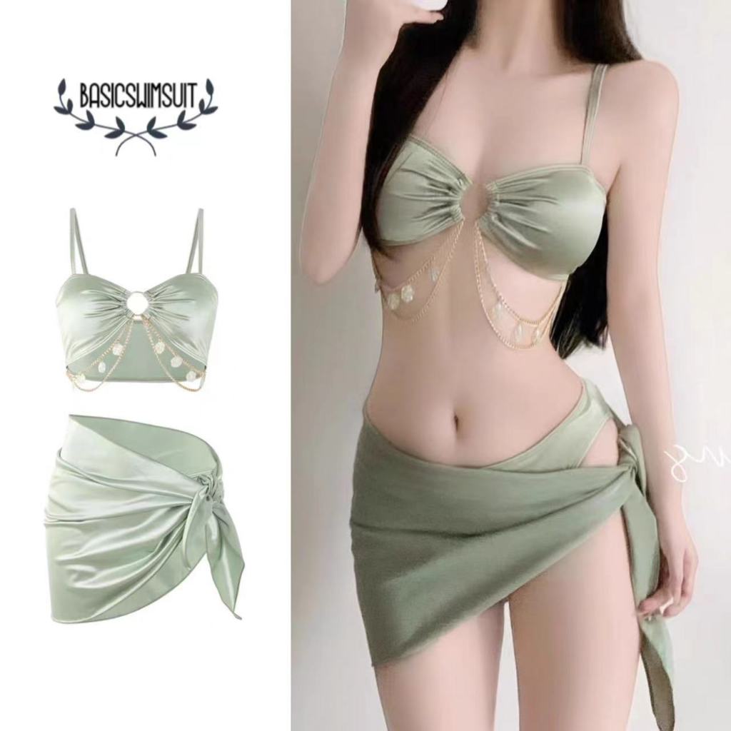 Basic swimsuit ชุดว่ายน้ำ3ชิ้น bikini sexy สีเขียว แฟชั่น ตกแต่งโซ่ ผ้าเนื้อดี #0275