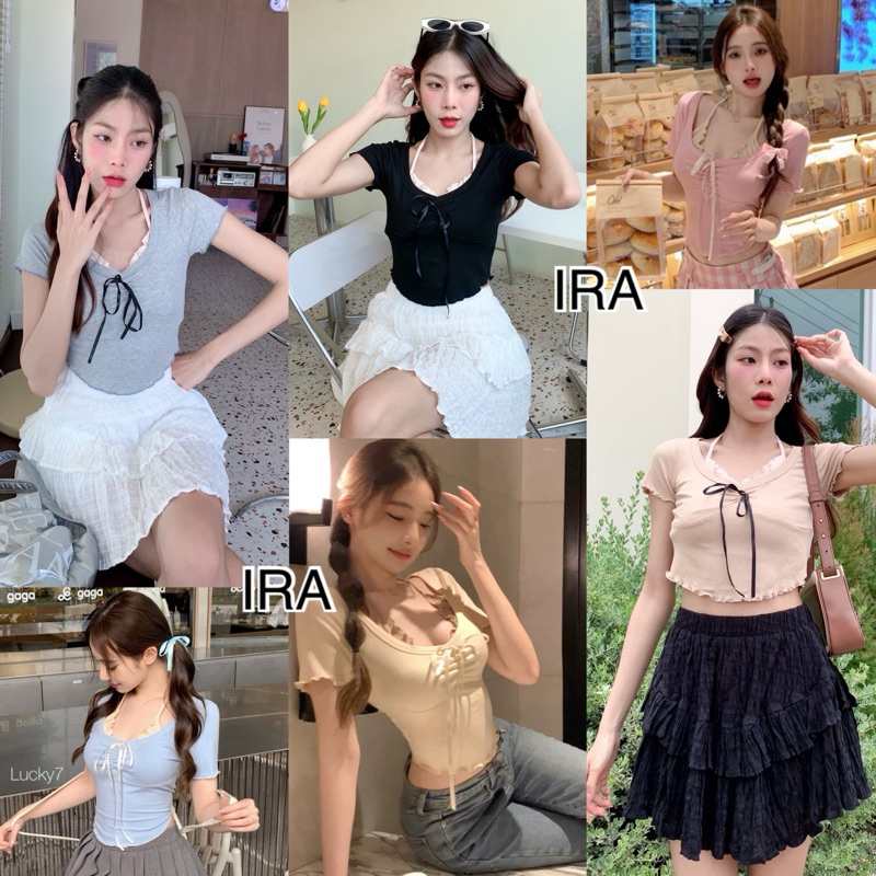 BY IRA (1765-1/1137) Jackie Top เสื้อครอปคอกลมแขนสั้นดีเทลมีเชือกผูกโบว์ที่คอแฟชั่นสุดปัง  ผ้านุ่มใส่สบาย
