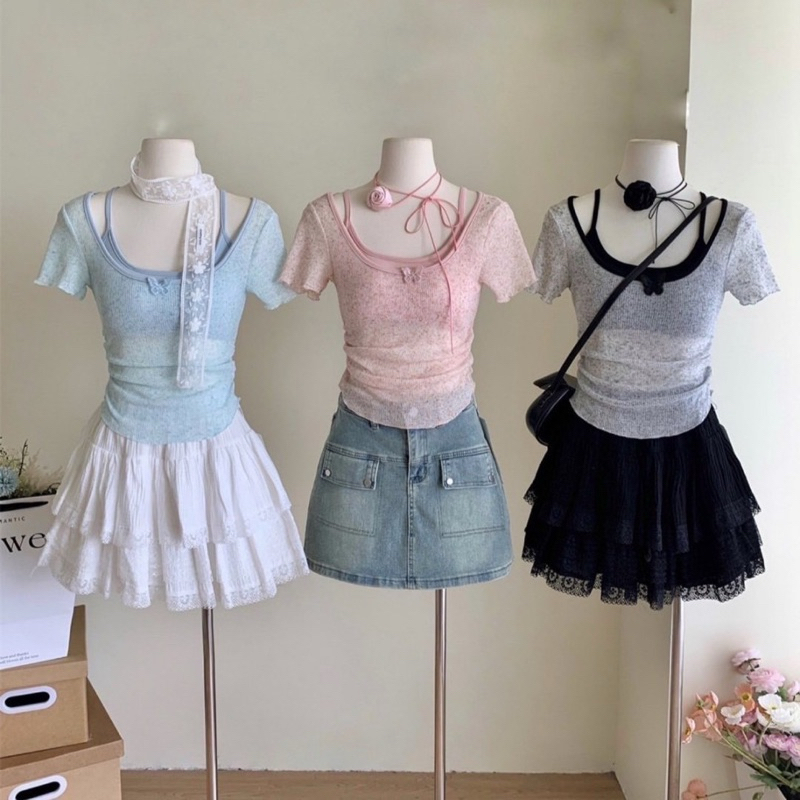 เซ็ตเสื้อ 2 ชิ้น 🤍🎀 (สายเดี่ยวบราฟองน้ำ+ เสื้อคอกลมเสื้อชีฟอง)🎀