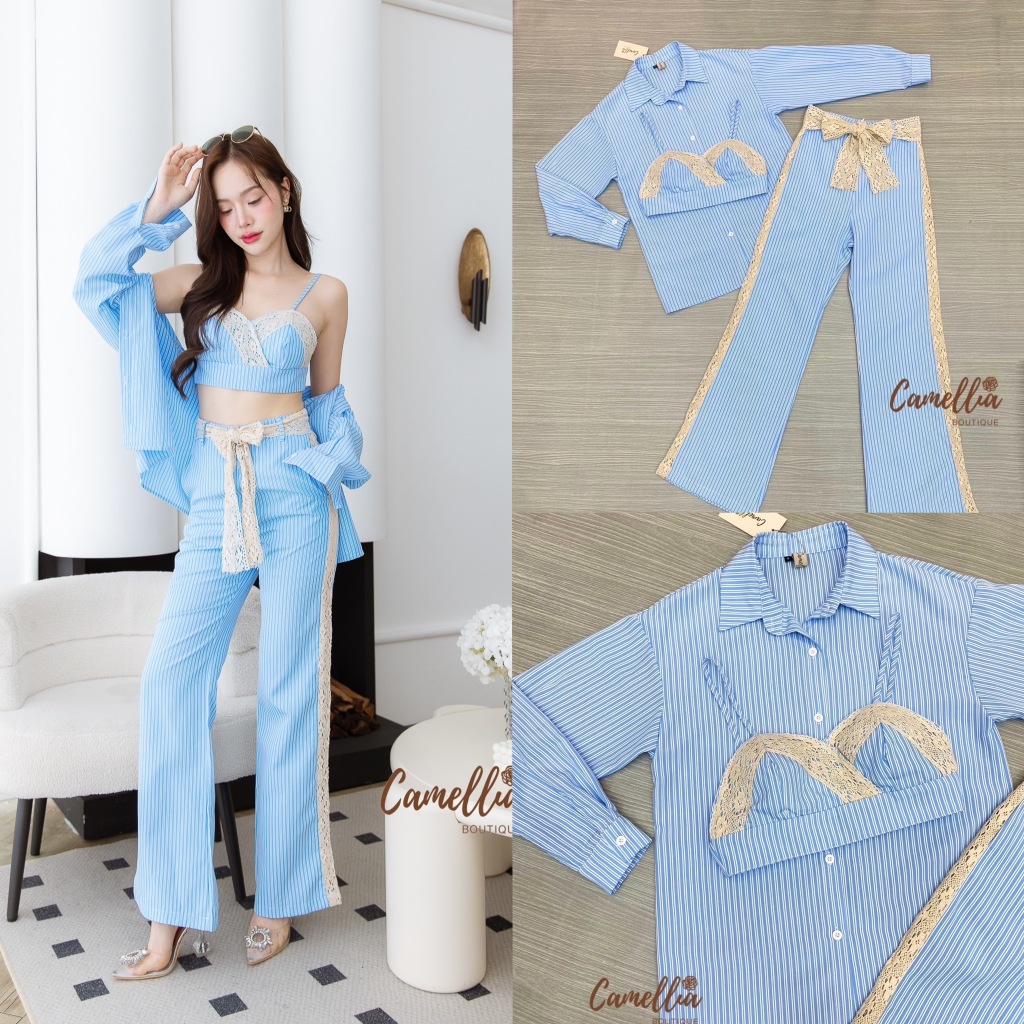 CAMELLIA: ชุดSet 3 ชิ้น ชุดเสื้อเชิ๊ต + บราลูกไม้ + กางเกงขายาว (*สอบถามสต๊อกก่อนกดสั่งน๊า)
