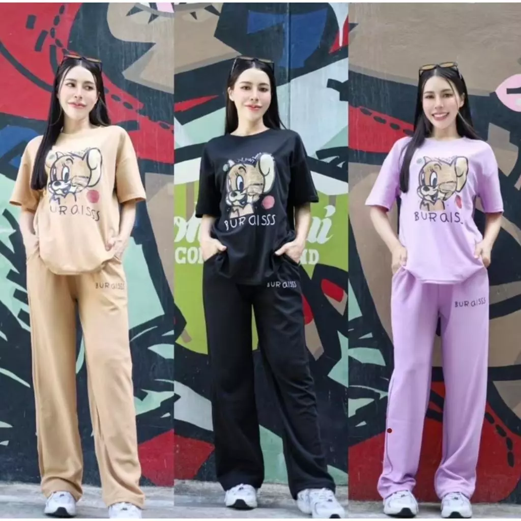 ชุดเซ็ท2ชิ้น S213 หนูน้ำตาล ผ้าหนังไก่ กางเกงเอวยางยืดมีกระเป๋าข้าง