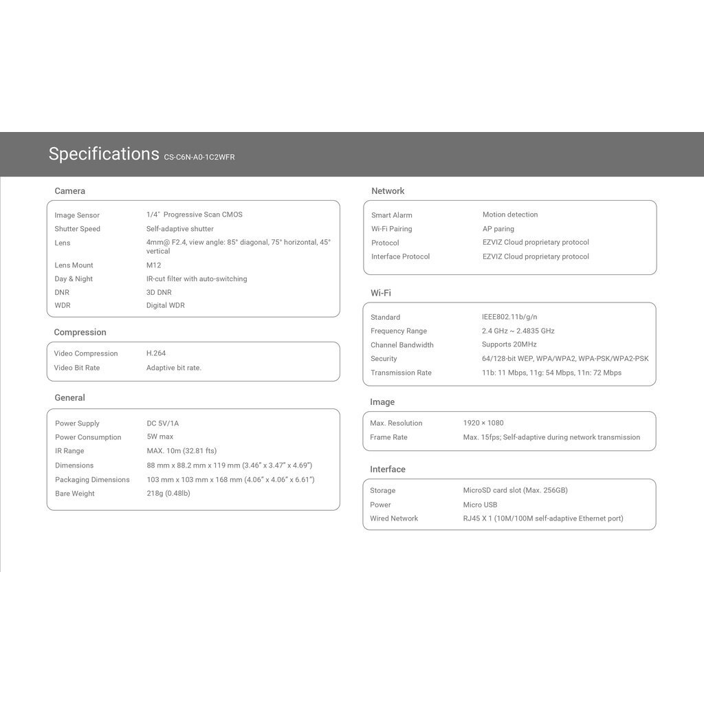 EZVIZ กล้องวงจรปิดไร้สาย 2MP พูดคุยโต้ตอบได้ รุ่น C6N (A0-1C2WFR) - แบบเลือกซื้อ