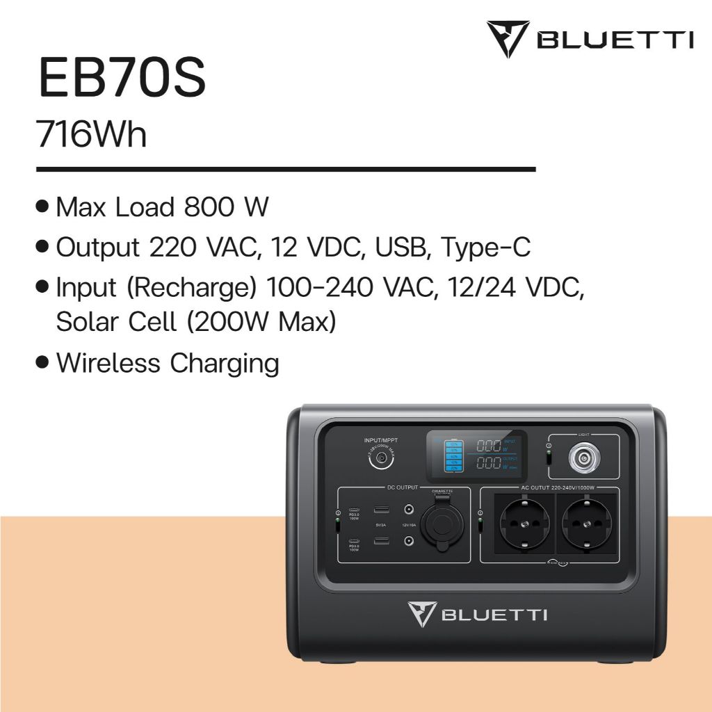 BLUETTI EB70 แบตเตอรี่สำรองอเนกประสงค์ Portable Power Station All-in-On Portable Power Station 1000W