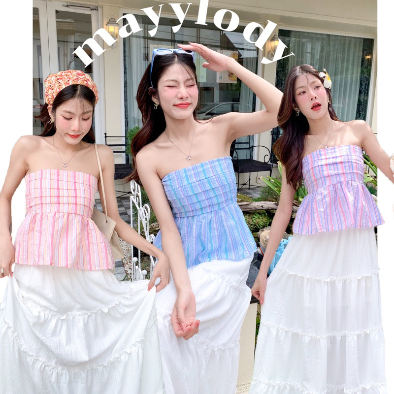 ❤️mayylody❤️ เสื้อเกาะอก ลายสก็อตแดง สไตล์เกาหลี น่ารัก so cute🍒🍒🍒 เสื้อเกาะอก