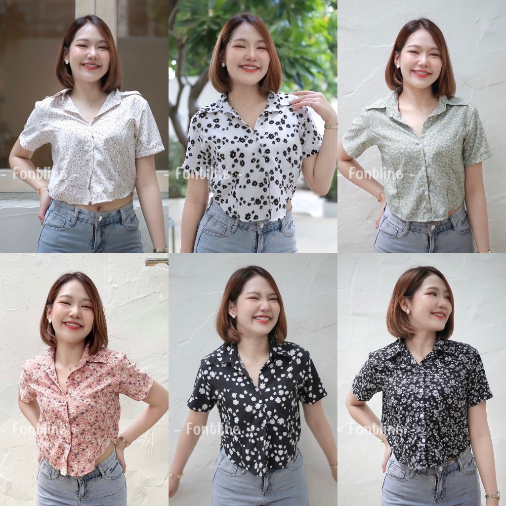เสื้อครอปเชิ้ตคอปก ผ้าไหมอิตาลีใส่สบาย ลายดอกน่ารักมี2ไซส์ให้เลือก ดีเทลน่ารักเสื้อเชิ้ตผู้หญิงแขนสั้น (M05)