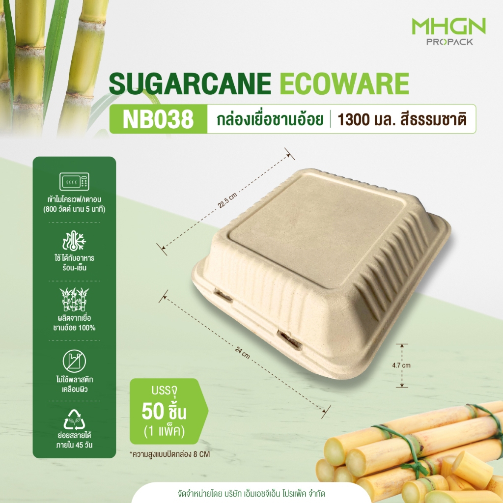 กล่องเยื่อชานอ้อย 9x9 นิ้ว 1300มล. สีธรรมชาติ บรรจุ 50 ชิ้น
