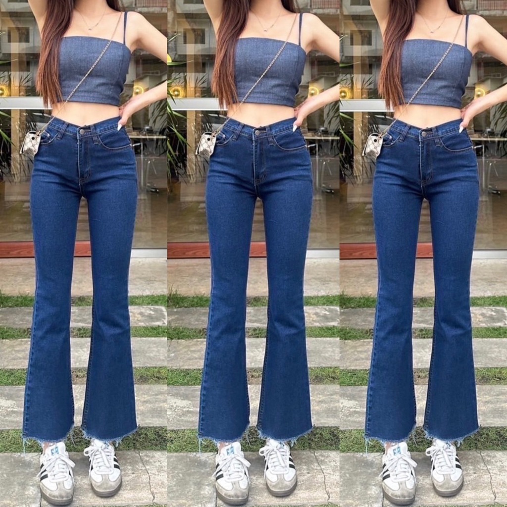 TwiceJeans ยีนส์ขาม้า กระชับหุ่น เอวสูง ผ้ายืดนิ่ม สีเข้ม