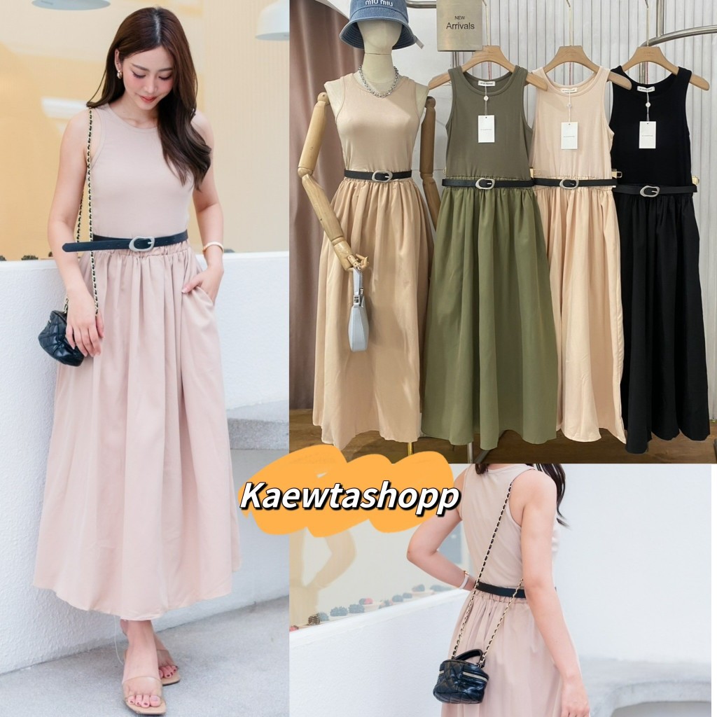 เดรสยาว เข็มขัด เข้าชุด แขนกุด กระโปรงระบาย ทรงสวย เข้ารูป ไซส์ใหญ่ matinee kaewtashop