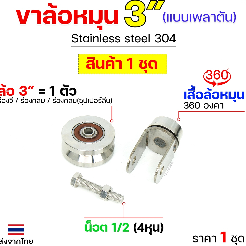 ล้อประตู ชุดล้อหมุน 360 องศา (เพลาตัน) ล้อสแตนเลส เกรด304 (เลือกล้อได้ตามต้องการ) สำหรับ ประตูรั้ว บ