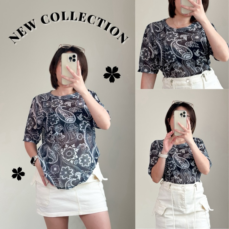 เสื้อยืดคอกลมซีทรูพิมพ์ลาย