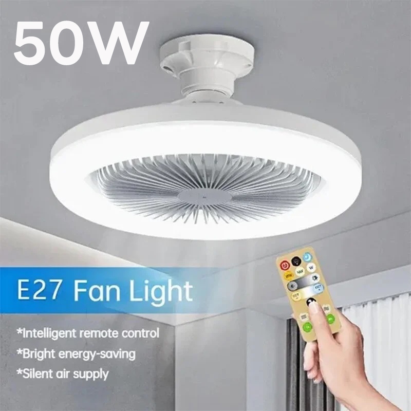 พัดลมเพดาน3-in-1อัจฉริยะพร้อมรีโมทคอนโทรลและฐานไฟ AC85-265V E27 3สปีดสำหรับห้องนอนและไฟห้องนั่งเล่น หลอดไฟ50W และพัดลม5W