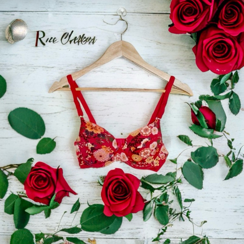 เสื้อชั้นใน Oriental Charm Bra มีโครง สีแดงลายดอกไม้ผ้าดี ใส่สบาย 70A 75A 70B 75B 80B