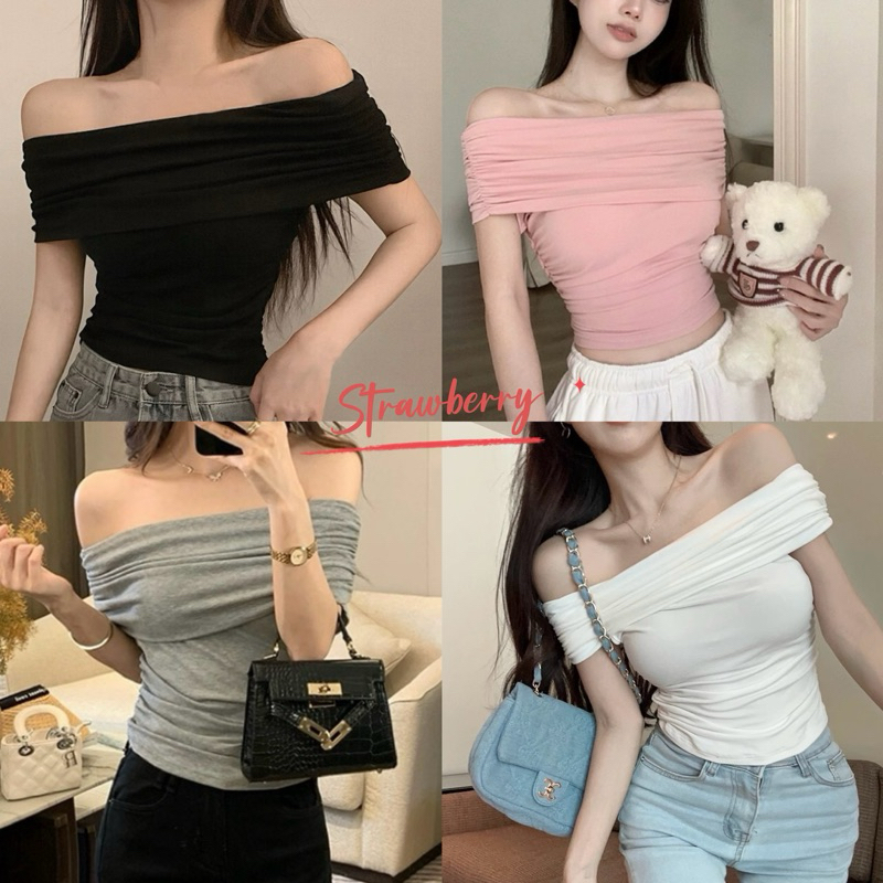 STR พร้อมส่ง เสื้อปาดไหล่เซ็กซี่ผู้หญิง เสื้อยืดแขนสั้นเปิดไหล่ เสื้อครอปcrop top สีพื้น เรียบหรู สาวอวบใส่ ทรงเข้ารูป