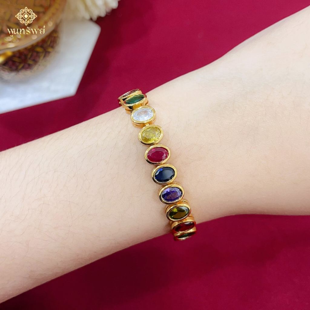 ส่งฟรี สร้อยข้อมือนพเก้าทรงรีรอบเส้น เครื่องประดับไทย พูนทรัพย์  มีใบรับประกัน HD20H300