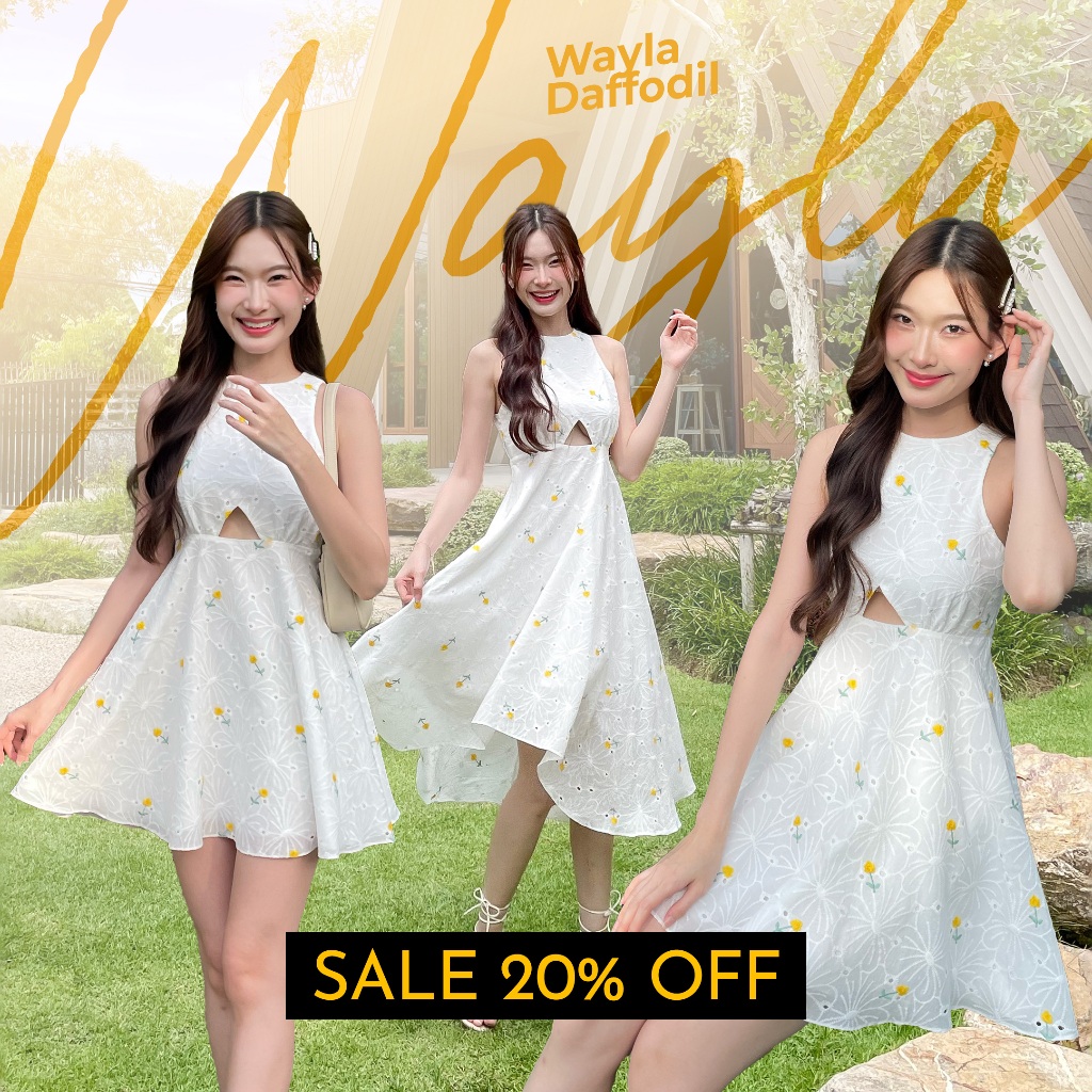 สินค้าลดราคา ไม่รับเปลี่ยนคืนนะคะ Wayla Daffodil (Season/Day) - เดรสแขนกุดสีขาวปักดอกไม้สีเหลือง