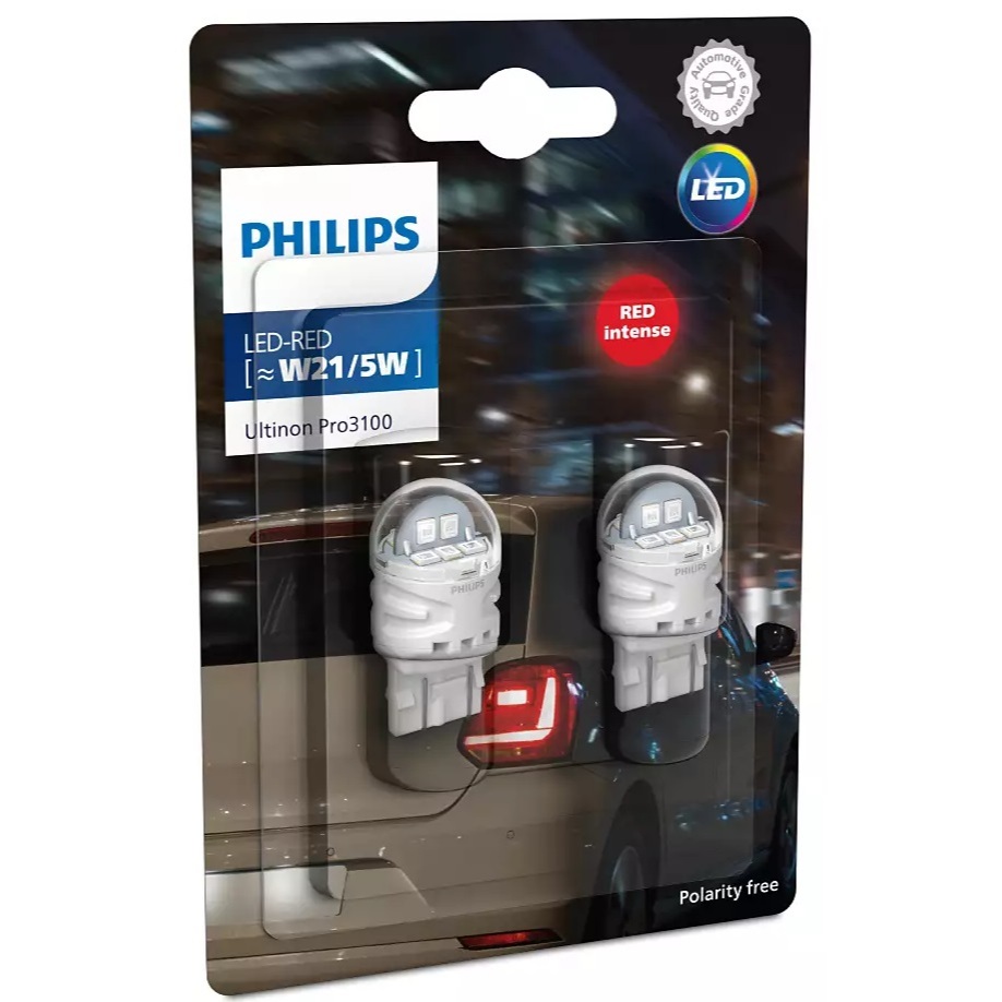 PHILIPS  12V T20 21/5W LED RED  สีแดง  หลอดไฟท้ายแบบเสียบ 2 จุด ฟิลิปส์  (1 แพ๊ค  มี 2 หลอด)#หลอดไฟท