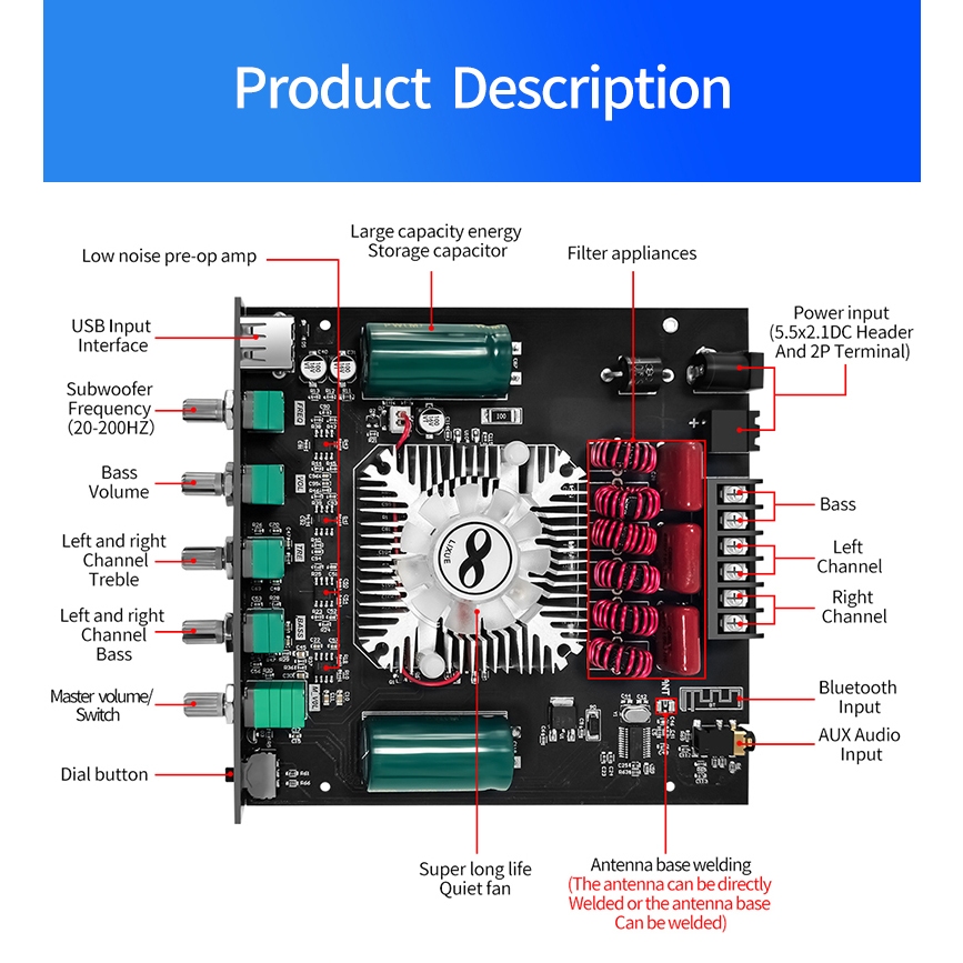 ZK-HT21 แอมป์บลูทูธ แอมป์จิ๋ว เครื่องขยายเสียง Aux Bluetooth5.0 สเตอริโอเครื่องขยายเสียงบอร์ด 2.1ช่อง 160W * 2 + 220W