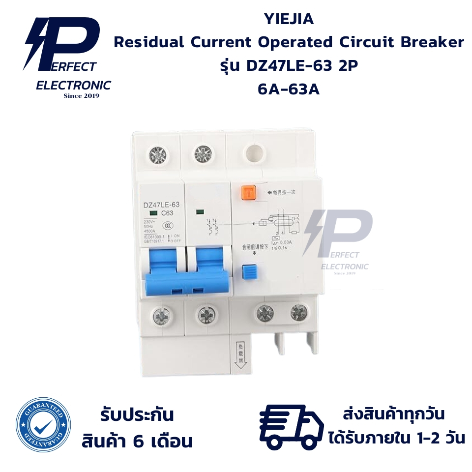 DZ47LE-63 2P YIEJIA Residual Current Operated Circuit Breaker 2P 6A-63A (รับประกันสินค้า 6 เดือน) มี