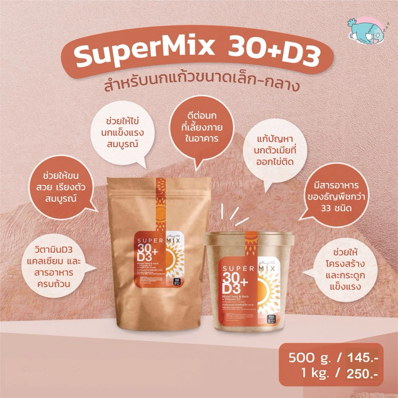 อาหารนกมั่งมี SuperMix 30+D3 สูตรนกเลี้ยงในที่ร่ม(ไม่โดนแสงแดด)